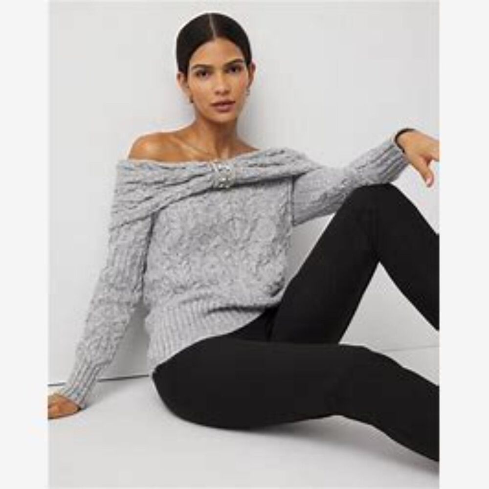 WHBM Rhinestone Off The Shoulder Gray Cableknit Sweater Size M